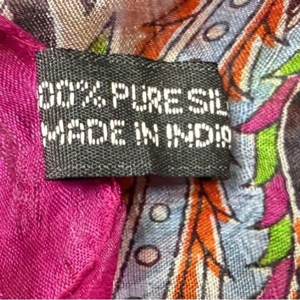 PASHTUSH 100% PURE SILK SCARF PAISLEY & ELEPHANT PRINT MULTICOLOR FUCCIA